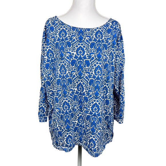 Talbots Plus 1X Button Sleeve Crewneck Tee Blue Ivory Woodland Damask - Picture 2 of 5